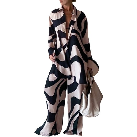 Liacowi Women 2 Pieces Geometric Print Outfits Long Sleeve Shirts Loose Wide-Leg Pants Set