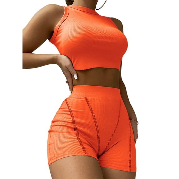 Liacowi Women 2 Pieces Shorts Outfits Solid Color Ribbed Sleeveless Tank Tops Elastic High Waist Shorts Clubwear