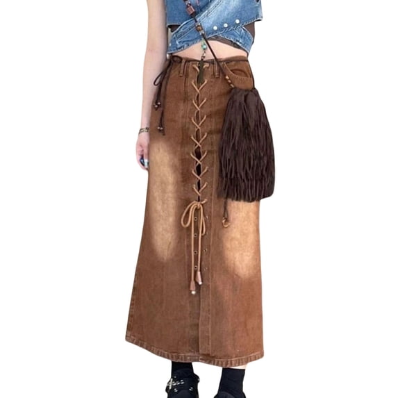 Liacowi Women Baggy Loose Cargo Skirts High Waist Denim Skirt Drawstring Vintage Long Skirt Retro Streetwear