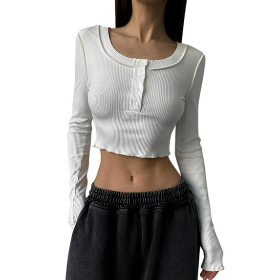 Liacowi Women Bic Crop Tops Solid Color 1/2 Button Long Sleeve Henry Shirt for Club Streetwear Aesthetic Grunge Clothes