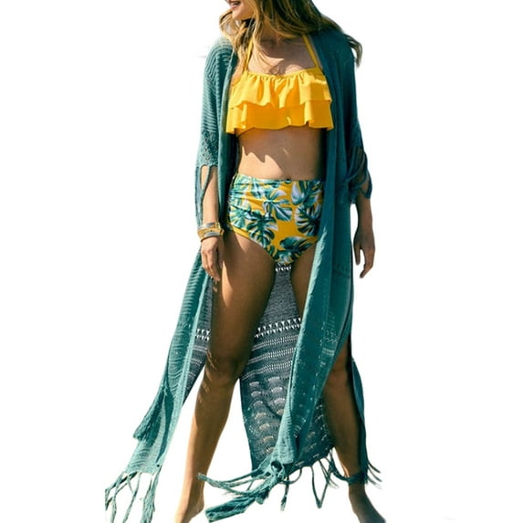 Liacowi Women Bikini Cover Up Solid Color Knitted Fringed Cutout Swimsuit Cardigan Smock with Belt