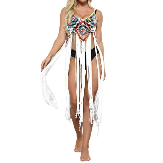 Liacowi Women Bikini Cover Ups Boho Hollow Out Tassels Spaghetti Strap Knit Dress Sleeveless Beach Dress Swimsuit