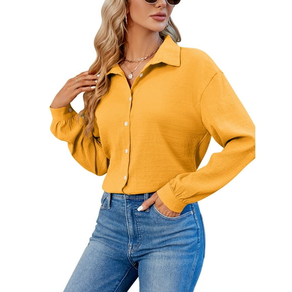 Liacowi Women Blouses Casual Long Sleeve Lapel Solid Color Shirt Loose Office Tunic Tops