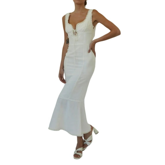 Liacowi Women Bodycon Long Dress Sleeveless Lace Ruffle Low-Cut Dress Backless Tie-up Streetwear Slim Fit