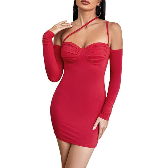 Liacowi Women Bodycon Mini Dress Long Sleeve Off-shoulder Party Dress Streetwear Slim Fit