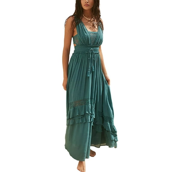 Liacowi Women Bohemian Long Dress Sleeveless V Neck Tie Waist Solid Color Ruffle Dress Summer Beach Dress
