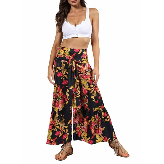 Liacowi Women Boho Floral Beach Pants High Waist Wide Pants Casual Loose Fit Trousers Bell Bottom Flowy Hippie Flare Wide Leg Palazzo Lounge Pants
