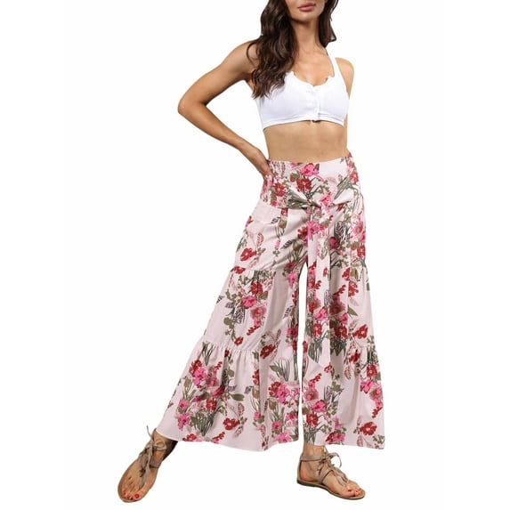 Liacowi Women Boho Floral Beach Pants High Waist Wide Pants Casual Loose Fit Trousers Bell Bottom Flowy Hippie Flare Wide Leg Palazzo Lounge Pants