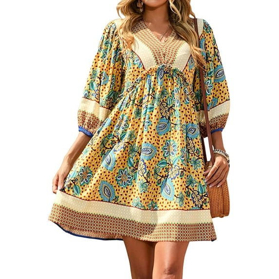Liacowi Women Boho Floral Print Dress Tunic T shirt Summer 3/4 Sleeve V Neck Beach Dress Flowy Swing Casual Short Dress