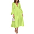 thumbnail image 1 of Liacowi Women Boho Long Dress Solid Color V-Neck Long Sleeve Swing Pleated Dress Fashion Spring Fall Casual Loose Holiday Sun Dress Beach Club Streetwear, 1 of 5
