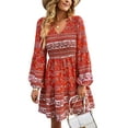 thumbnail image 1 of Liacowi Women Boho Mini Dress Flower Print V Neck Long Sleeve Flowy Dress Elastic Waist Short Dress, 1 of 7