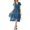 thumbnail image 1 of Liacowi Women Boho Short Sleeve V Neck Dress Casual Ruffle Wrap Swing Beach Sundress Summer Chiffon Party Midi Dress with Belt, 1 of 5