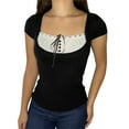 thumbnail image 1 of Liacowi Women Casual Bodycon T-shirt, Black Patchwork and Dots Print Square Collar Short Sleeve Tops, S/ M/ L, 1 of 5