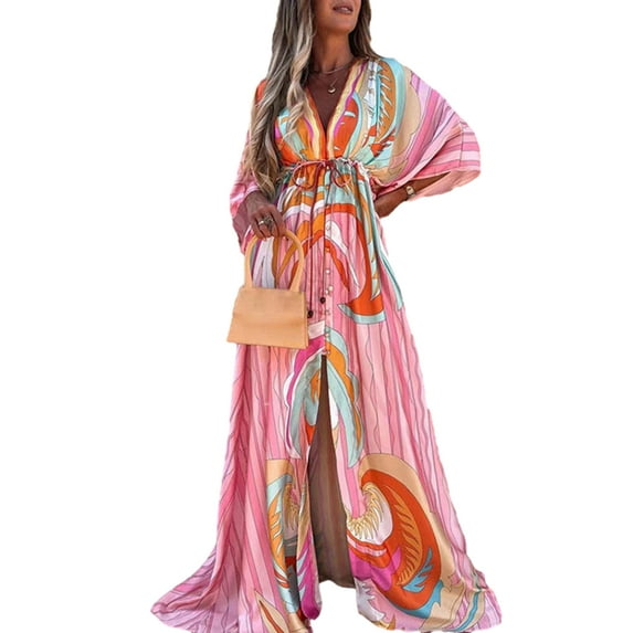 Liacowi Women Casual Dress Summer Flower Print Loose Fit V Neck Button High Split Long Beach Dress