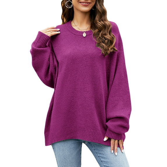 Liacowi Women Casual Knitted Sweaters Long Sleeve Crew Neck Solid Color Pullover Loose Fit Knit Tops Tops Autumn Winter Casual Knitwear
