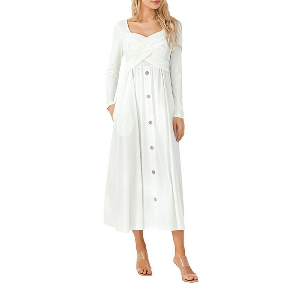 Liacowi Women Casual Midi Dress Solid Color 3/4 Sleeve V-Neck A-line Dress High Waist Low Cut Party Dress