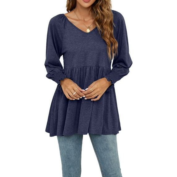 Liacowi Women Casual Puff Long Sleeve V Neck Tunic Tops V Neck Loose Ruffle Hem A-Line Shirt Blouse