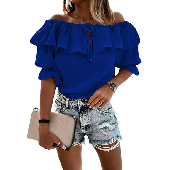 Liacowi Women Chiffon Blouses Casual Off-Shoulder Half Sleeve Shirt Loose Ruffles Tie-Up Office Tunic Tops