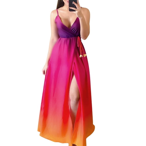 Liacowi Women Chiffon Deep V-Neck Stripe Printed Long Dress Gradient Summer Loose Boho Slit Party Dresses High Waiste Plus Size S-2XL