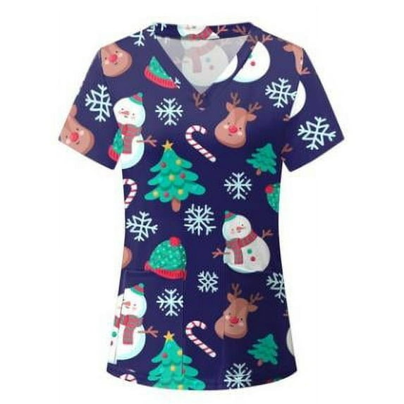Liacowi Women Christmas Scrub Top Christmas Nurse Uniforms Short Sleeve Xmas Cartoon Printed T-Shirt
