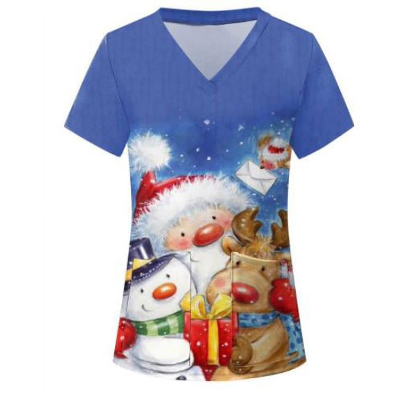 Liacowi Women Christmas Scrub Top Christmas Nurse Uniforms Short Sleeve Xmas Cartoon Printed T-Shirt