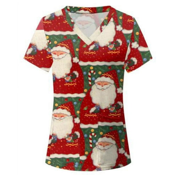 Liacowi Women Christmas Scrub Top Christmas Nurse Uniforms Short Sleeve Xmas Cartoon Printed T-Shirt