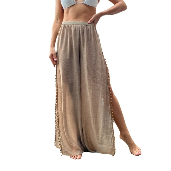 Liacowi Women Cotton Linen See Through Cover up Pants Bikini Bottom Wide Leg Palazzo Pajamas Trousers