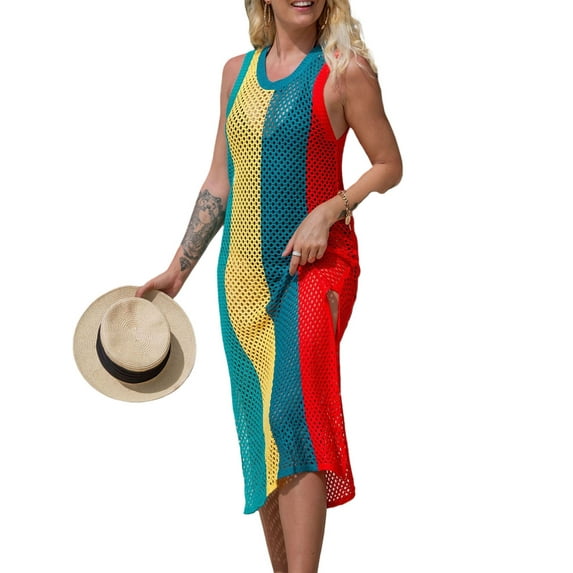 Liacowi Women Crochet Bikini Cover Ups Knitted Long Dress Casual Sleeveless Beach Tank Dress Bathing Suit