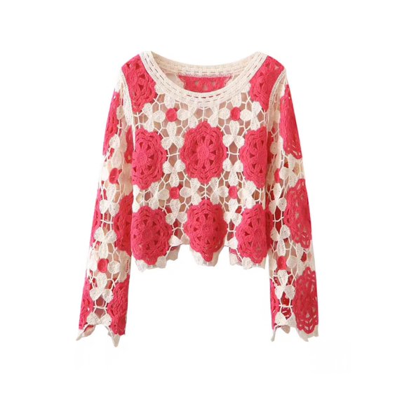 Liacowi Women Crochet Floral Knit Pullover Long Sleeve V Neck Sweater Hollow Out Oversized Jumper Top