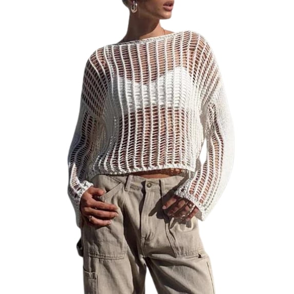 Liacowi Women Crochet Tops Long Bell Sleeve Cover Ups Hollow Out Knit Loose T-Shirts
