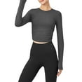 thumbnail image 1 of Liacowi Women Cropped Workout Tops Solid Color Ruched Long Sleeve Yoga Athletic Shirt for Sports Gym Running Activewear, 1 of 7