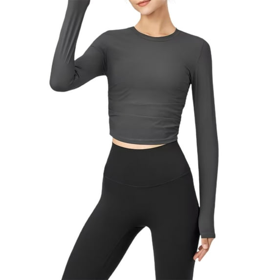 Liacowi Women Cropped Workout Tops Solid Color Ruched Long Sleeve Yoga Athletic Shirt for Sports Gym Running Activewear