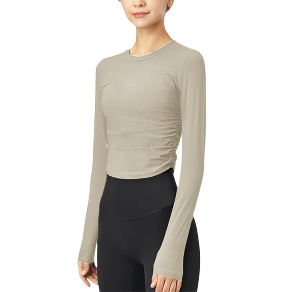 Liacowi Women Cropped Workout Tops Solid Color Ruched Long Sleeve Yoga Athletic Shirt for Sports Gym Running Activewear