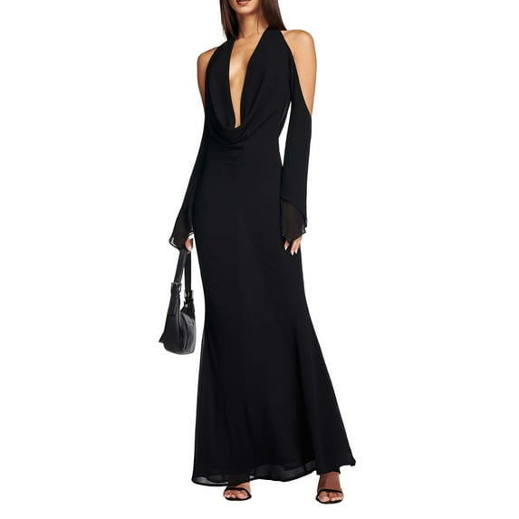 Liacowi Women Cutout Bodycon Long Dress Long Sleeve Deep V Neck Dresses Backless Slim Fit Split Party Vacation Dress