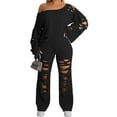thumbnail image 1 of Liacowi Women Fall Pants Outfits Solid Color Ripped Oblique Shoulder Long Sleeve Loose Sweatshirts Tops Pants 2 Pieces Clothes Set, 1 of 8