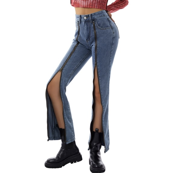 Liacowi Women Flare Jeans High Waist Bootcut Zipped Slit Wide Leg Long Pants Slim Bell Bottoms Denim Trouse