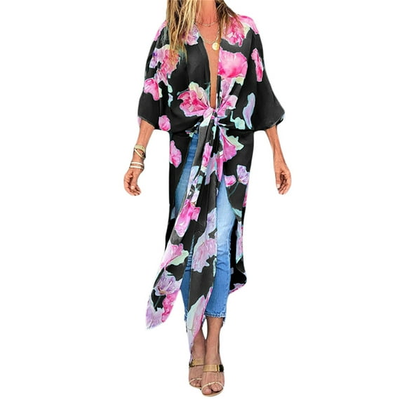 Liacowi Women Floral Print Beach Kimono Cardigan Half Sleeve Chiffon Flowy Maxi Robe Cover Up Long Bikini Cover Up