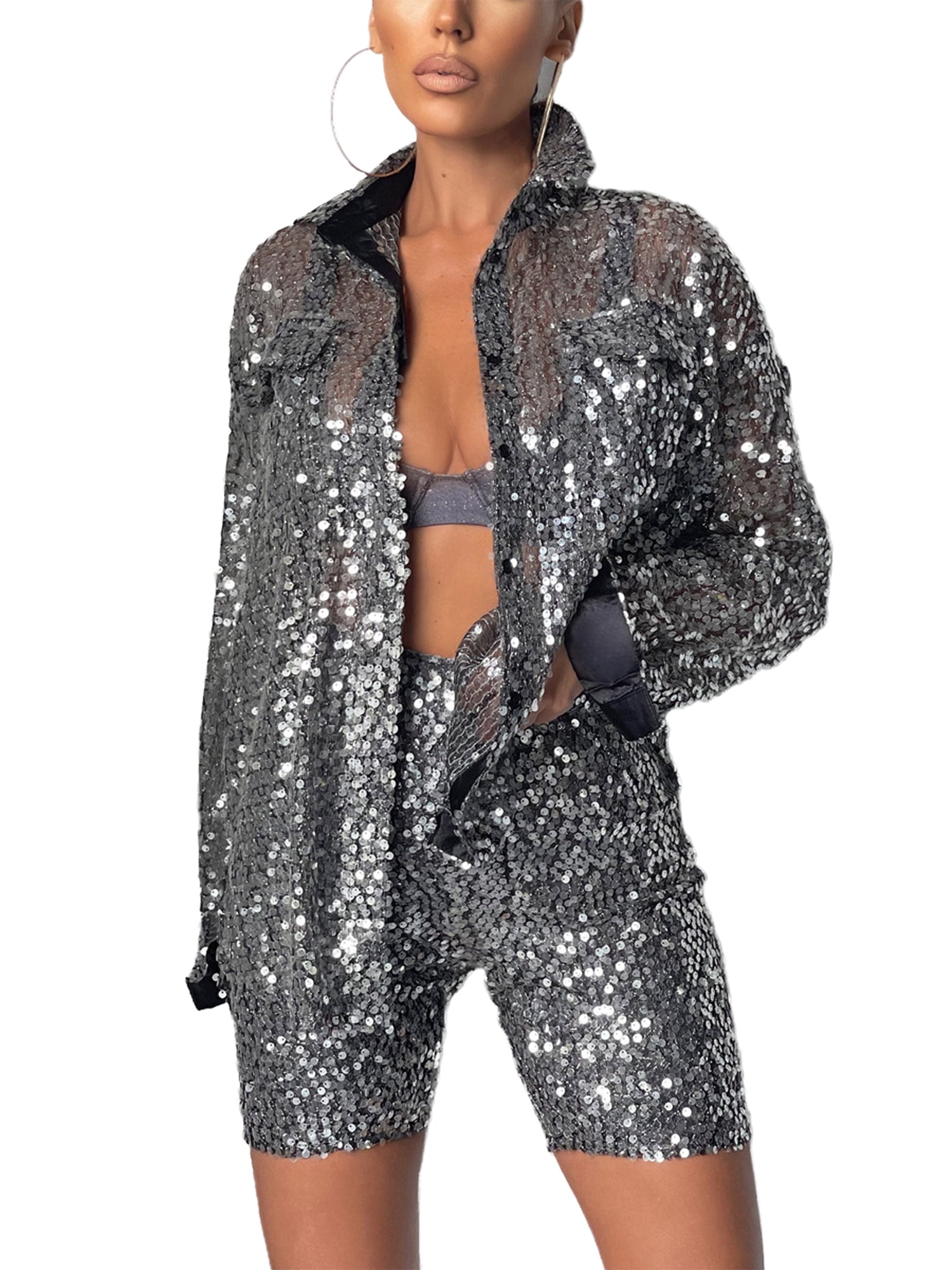 Liacowi Women Glitter Sparkle Outfits Sequin Bling Long Sleeve Button Shirt  Top/Shorts Clothes Party Club Night Wear - Walmart.com