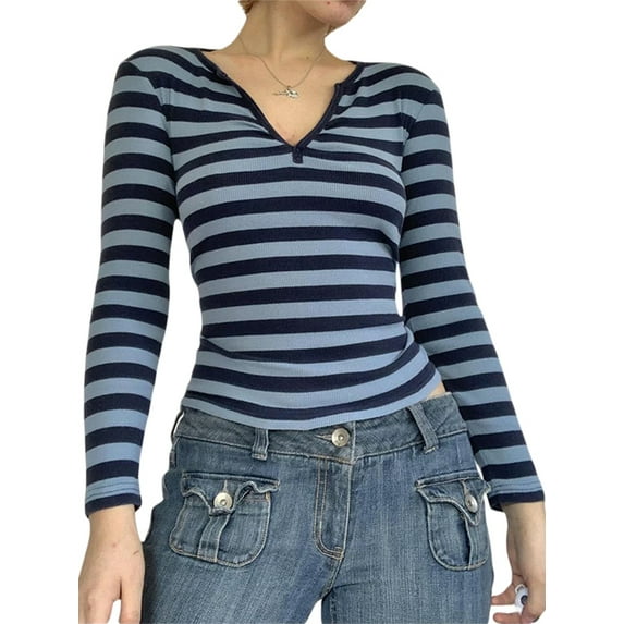 Liacowi Women Grunge Long Sleeve Crewnck Striped Slim Fit T-Shirt Crop Top Pullover Aesthetic Clothes 90s Streetwear