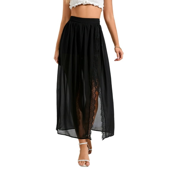 Liacowi Women Half Slip Underskirt Solid Color Lace Trim High Split Inner Lining for Skirt Long Underskirt for Ladies