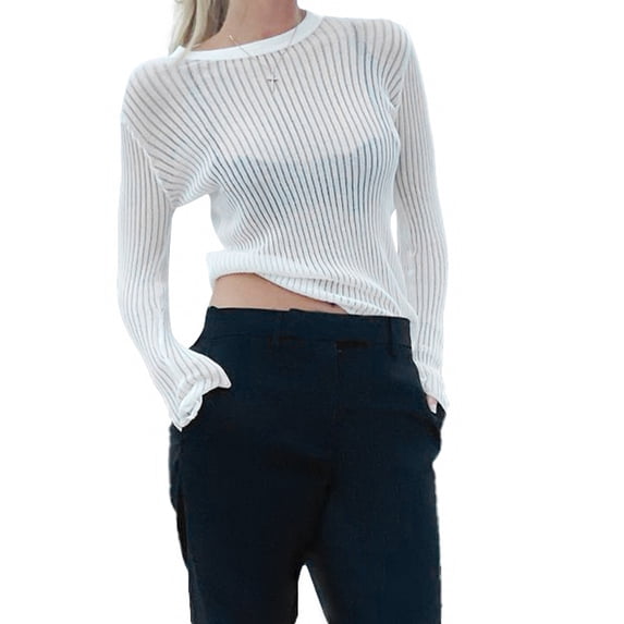 Liacowi Women Hollow Out Smock Tops Long Sleeve Crochet T Shirt Oversized Vintage See Through Sexy Tee 90s Wear