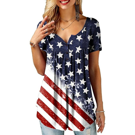 Liacowi Women Independence Day Short Sleeve Tops American Flag Print Loose Casual Style Summer T-shirt