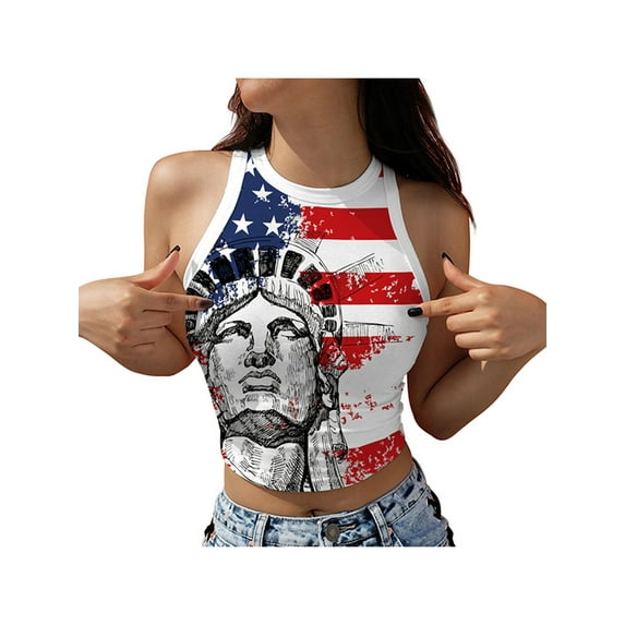 Liacowi Women Independence Day Tank Tops 4th of July Adults Slim-fit Star Stripe Print Round Neck Crop Tops