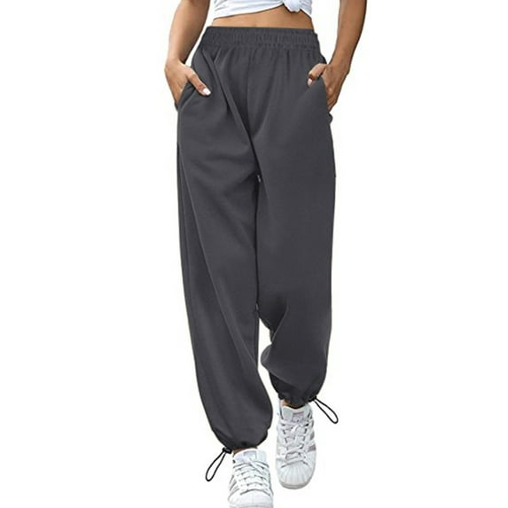 Liacowi Women Junior Sweatpants Elastic Waist Solid High Waisted Baggy Jogging Lounge Casual Work Out Pants with Pockets