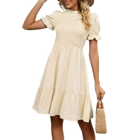 Liacowi Women Juniors A-Line Dress Short Puff Sleeve Ruffle Short Dress Summer Flowy Dress