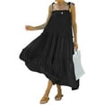 thumbnail image 1 of Liacowi Women Juniors Beach Long Sundress Solid Spaghetti Tie Strap Pleated A-line Swing Dress, 1 of 5