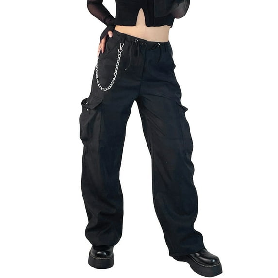 Liacowi Women Juniors Casual Baggy Cargo Pants Wide Leg Trousers Loose Oversized Hippie Punk Sweatpants Joggers Streetwear (without chain)