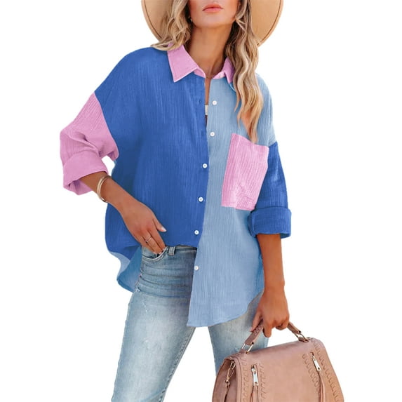 Liacowi Women Juniors Casual Shirts Color Block Button Down Blouse Long Sleeve Lapel Loose Fit Tops Oversized Boyfriend Tops with Pockets