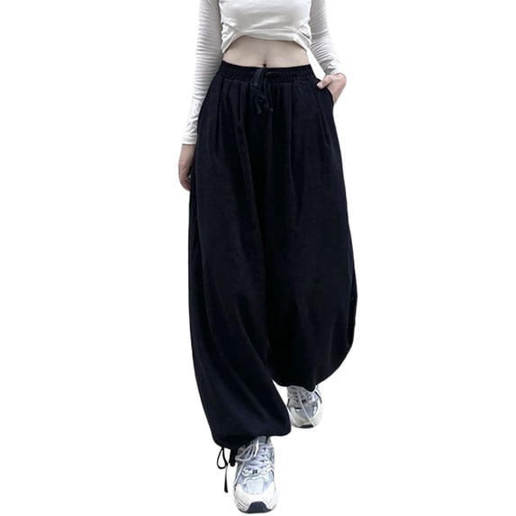 Liacowi Women Juniors Corduroy Baggy Cargo Pants Wide Leg Trousers Loose Oversized Hippie Drawstring Punk Sweatpants Joggers Streetwear