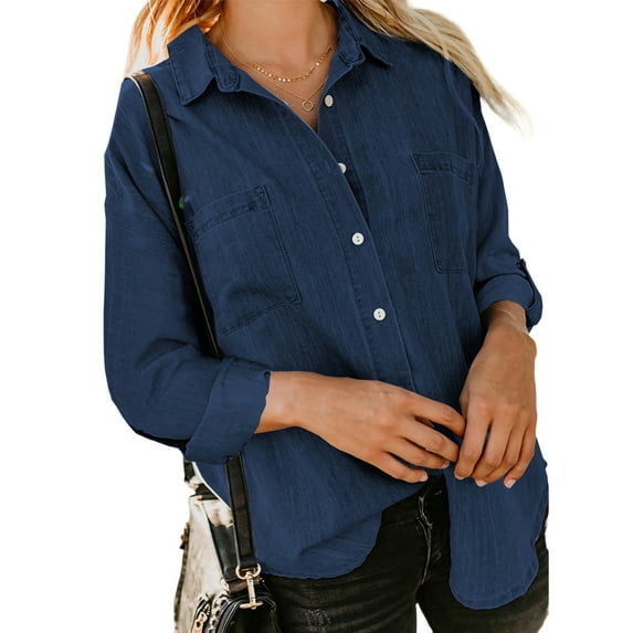 Liacowi Women Juniors Denim Shirt Lapel Long Sleeve Vintage Shacket Casual Tops Button-Up Blouse